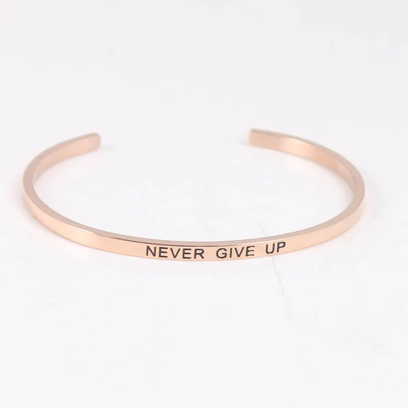 

Never give up Stainless Steel Bangle Engraved Positive Inspirational Quote fashion Cuff Mantra Bracelets
