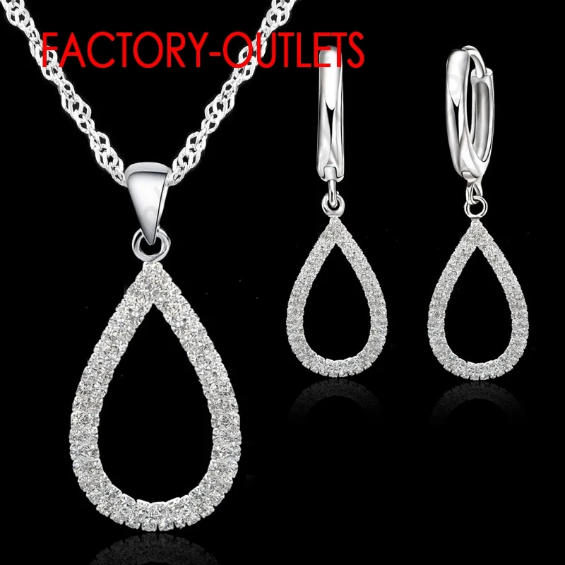 

925 Sterling Silver Bridal Jewelry Sets CZ Crystal Water Drop Necklaces Hoop Earrings Women Girls Engagement Anniversary