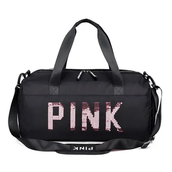 

Fashion Women Travel Bag Ladies Black Travel Bag Pink Sequins Shoulder Bag Women Handbag Weekend Sports Duffel Bags LGX65