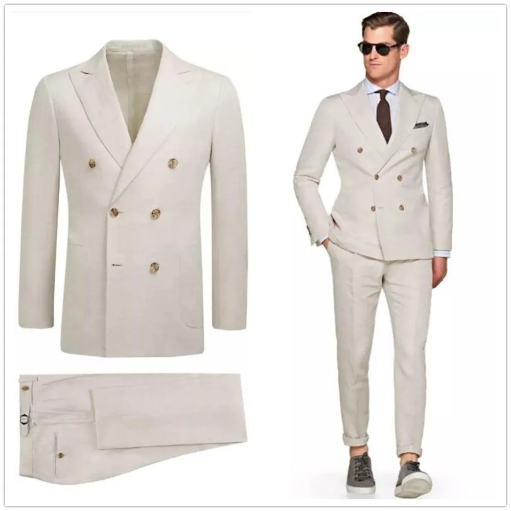 

2018 Beige Double Breasted Men's Suits Jacket Pants 38 40 42 44 46 48+ Custom