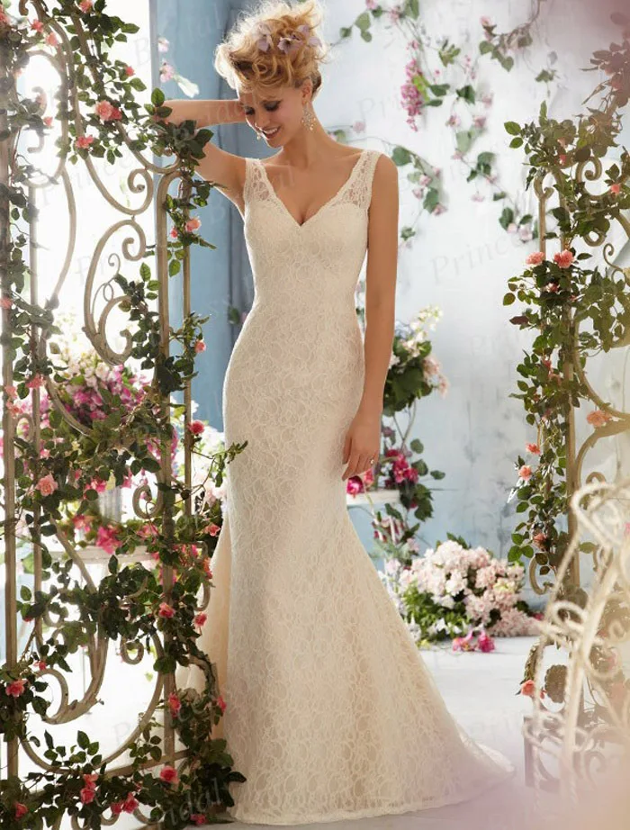 2014 Grecian Style Manufacturer Made Mermaid V Neck Low Back Sweep
