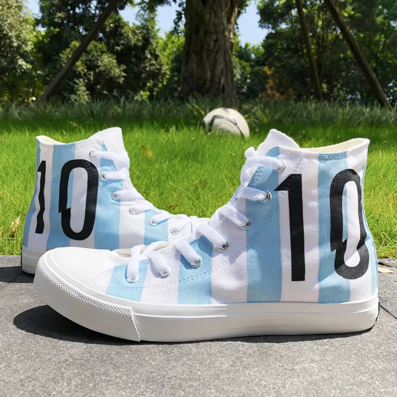 Вэнь дизайн футбол номер 10 аргентинский национальный Команда ручная роспись повседневная обувь белые высокие холщовые кроссовки унисекс