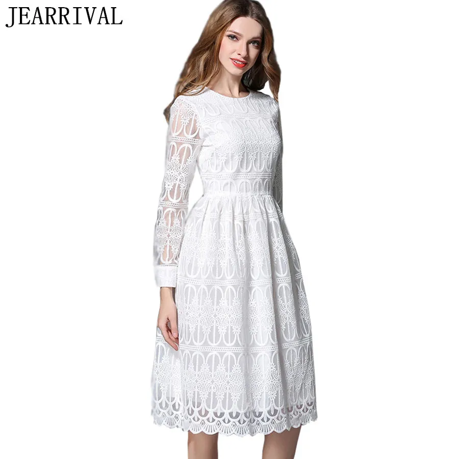 2017 New Summer Dress Women Elegant Hollow Out Long Sleeve White Lace Dress European Runway Style Slim Party Dresses Vestidos long-white-lace-dress