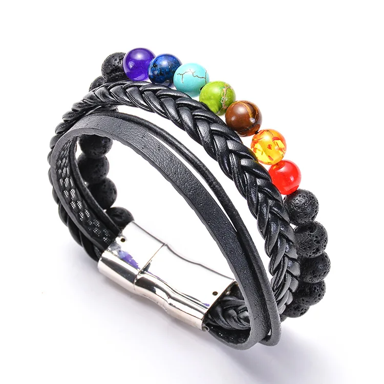 

SEDmart 7 Chakra Stainless Steel Leather Bracelate for Women Men Natural Stone Handmade multilayer Couple Jewelry Gifts