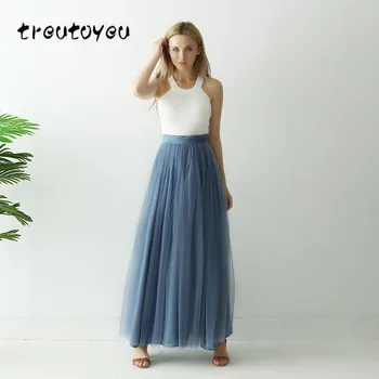 

Treutoyeu 3 Layers Maxi Long Skirt Soft Tulle Skirt Plus Size Tutu Skirt Women Dust Blue Long Skirt Ball Gown Jupe Saias Faldas