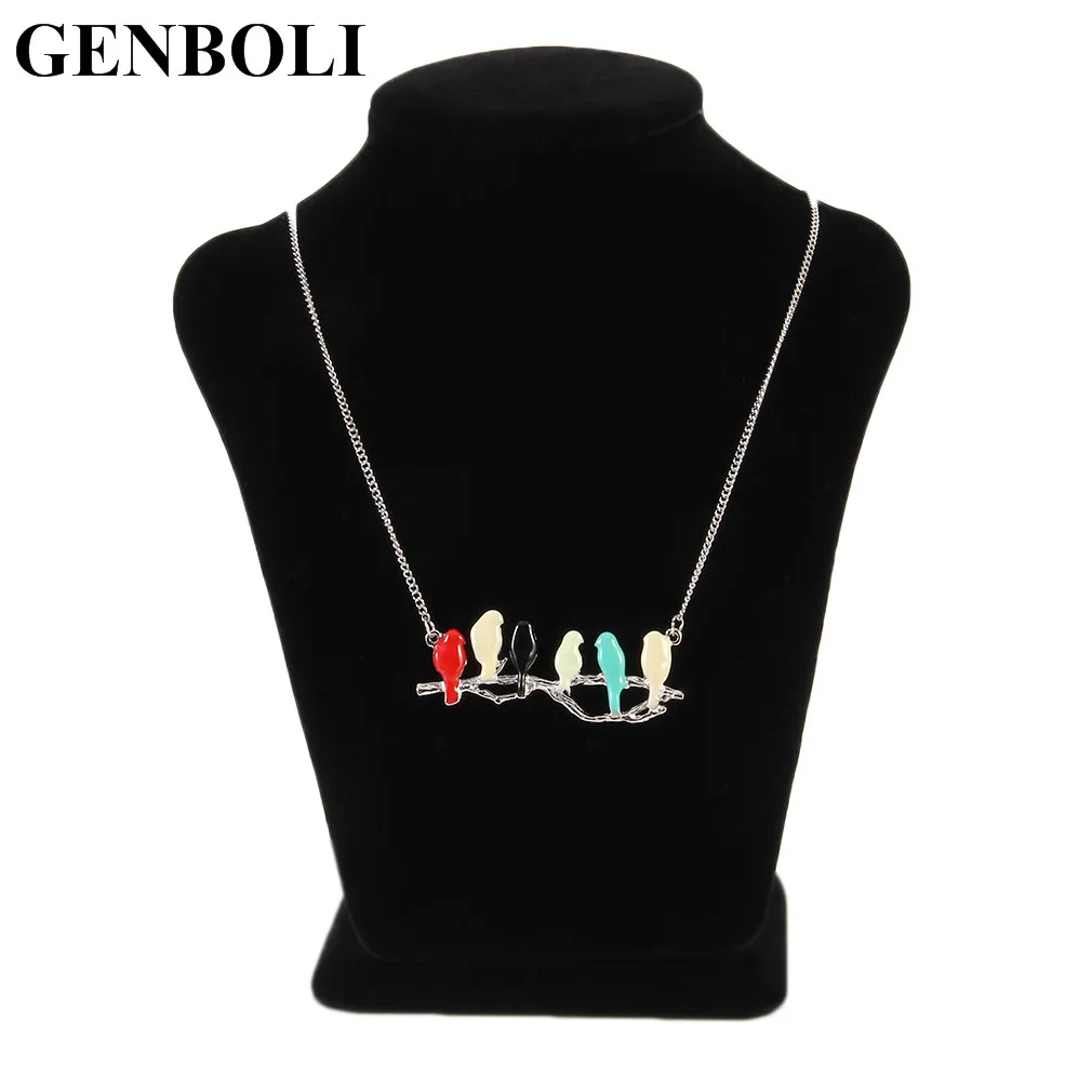 

Alloy Enamel Cute Animal Pendant Six Bird On Branch Women Long Thin Chain Necklace fashion Jewelry Accessories Love Birds