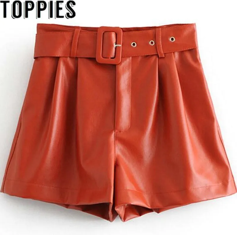 Kaufen 2019 Winter Neue Frauen Orange Farbe PU Bermuda Shorts Faux Leder Belted Shorts