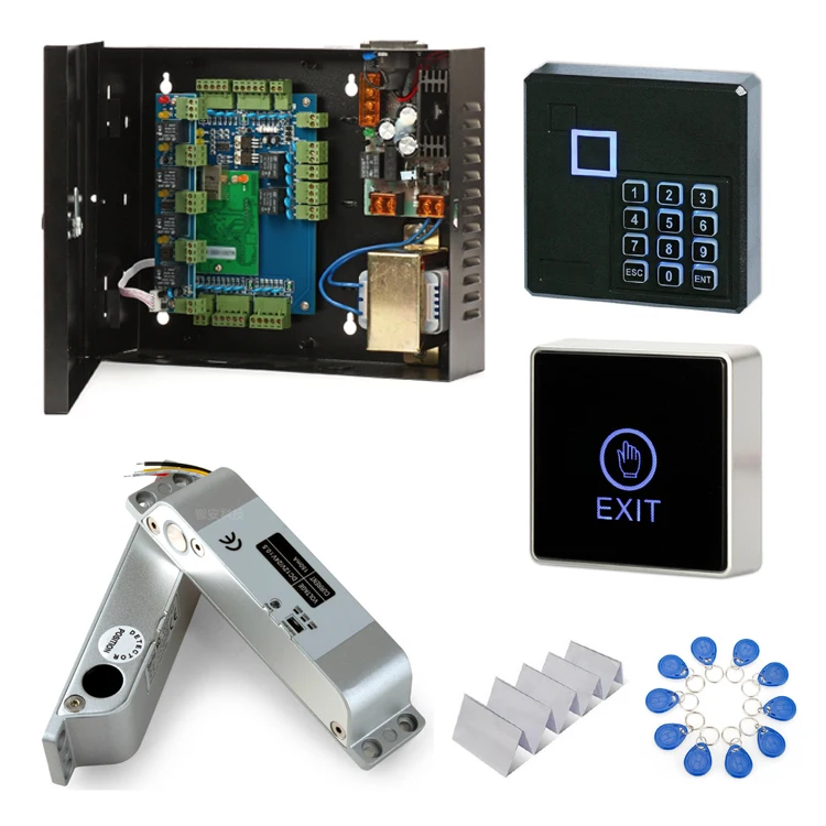 

Door Access control kit access control board electric lock ID125khz reader power supply case door switch 10 keyfob 10 id card