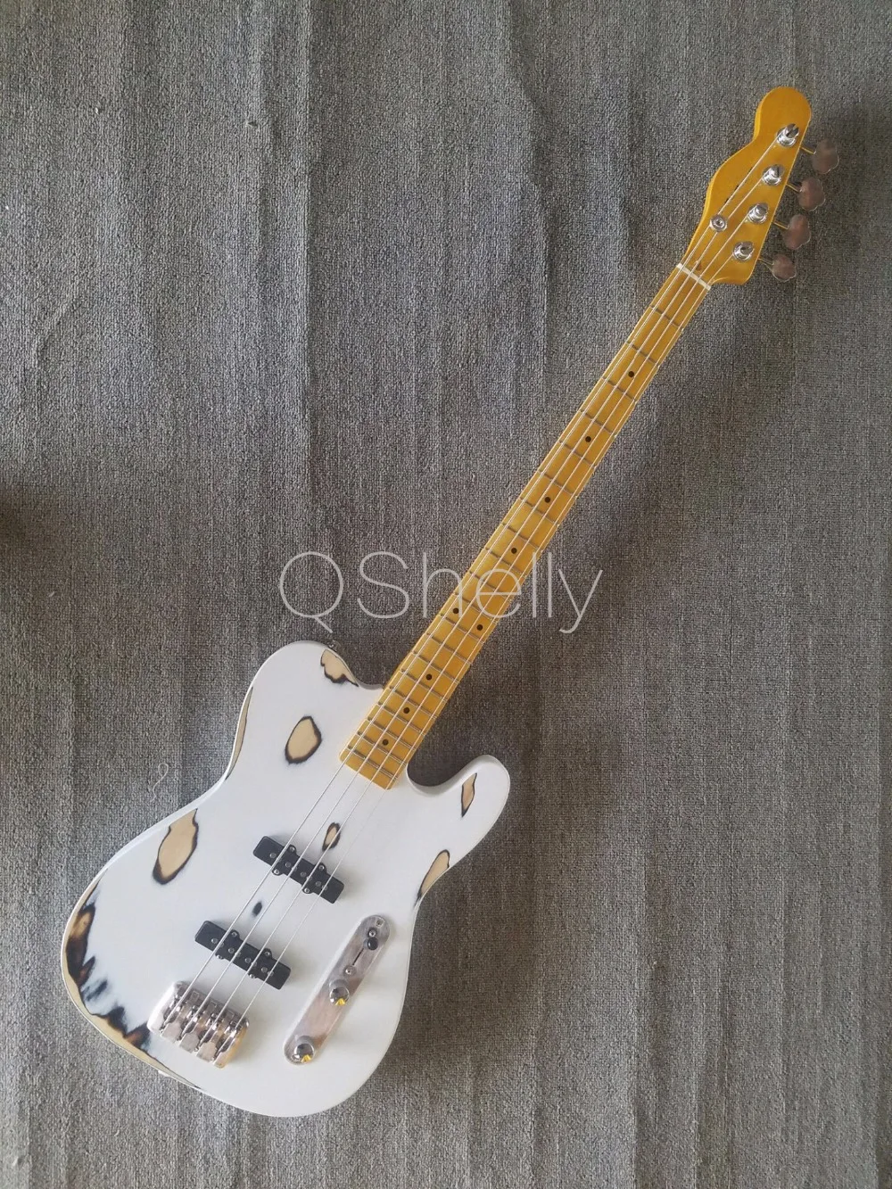

top quality QShelly custom white TL relic vintage old used 4 strings faded Ash body jazz bridge 20 frets electric bass guitar