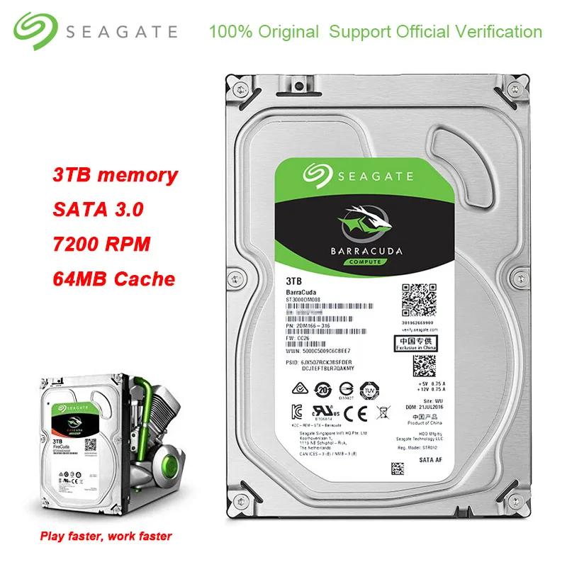 Seagate Original BarraCuda 3 ТБ 3,5 дюймов внутренний 64 МБ Кэш Бизнес HDD 7200 об./мин. SATA 3,0 жесткий диск для настольных ПК