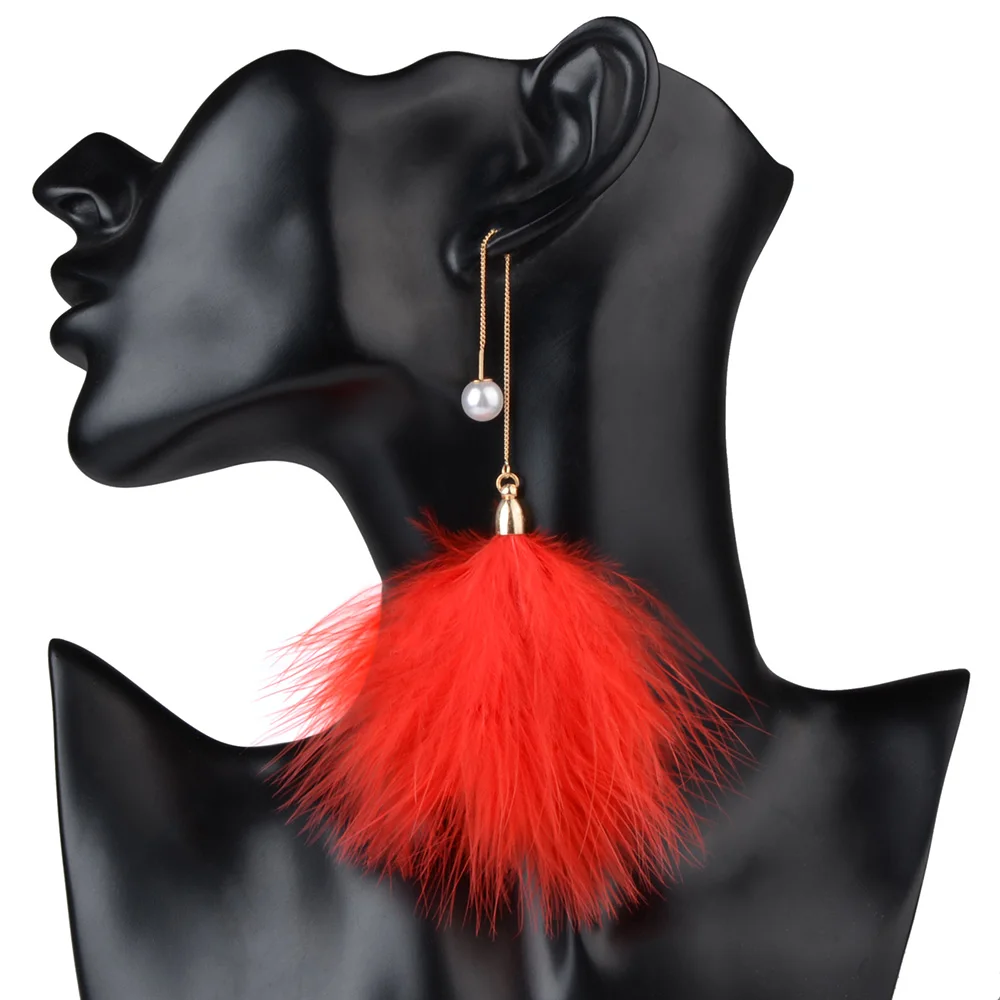 Feather Earrings Pearl Chain Long Dangle Drop Wedding Party Jewelry Gift Women LFPU Boho
