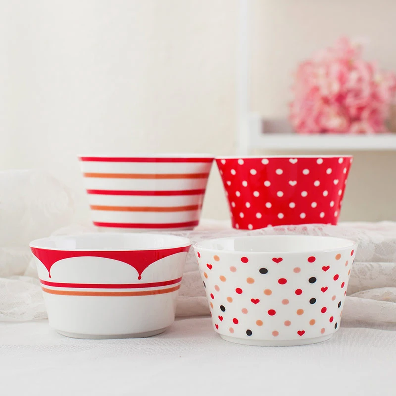 

1pc Kawaii Red Bowl Hand Painted Rice Bowl For Children Kids Ceramic Soup Bowl Cartoon Tableware Supply 4.25 inch