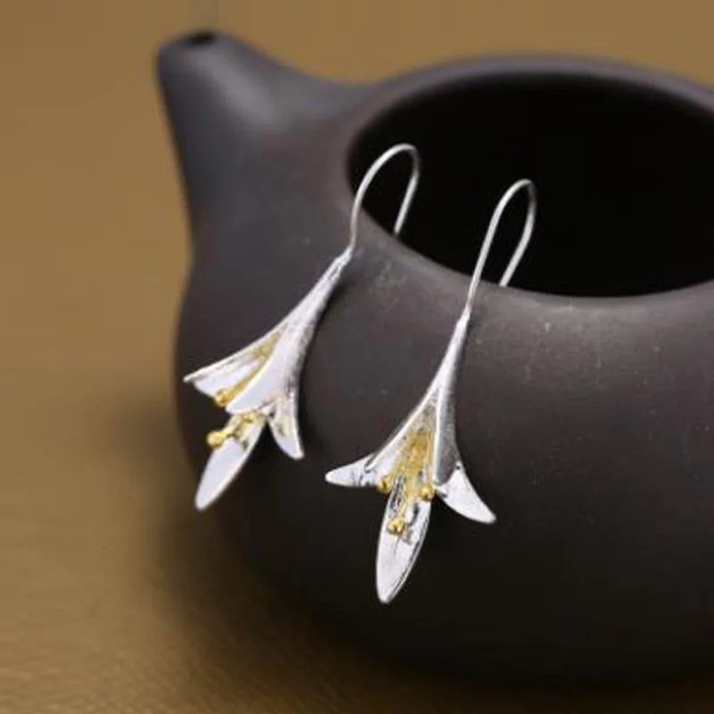 New 1 pair 925 Sterling Silver Long Flower Earrings For Women Design Lovely Girl Gift Statement Jewelry | Украшения и аксессуары