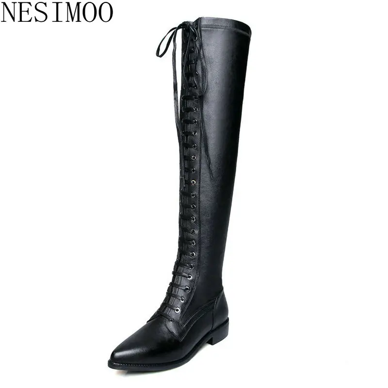 

NESIMOO 2019 Fashion Women Boots Basic Pointed Toe All Match Genuine Leather Low Heel Casual Zipper Ladies Shoes Size 35-42