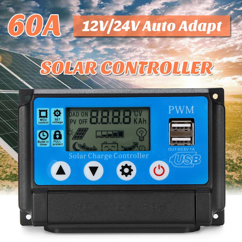 

1Pc 60A 12V 24V Auto Solar Charge Controller Auto Work PWM With LCD Dual USB 5V Output Solar Cell Panel Regulator PV Home