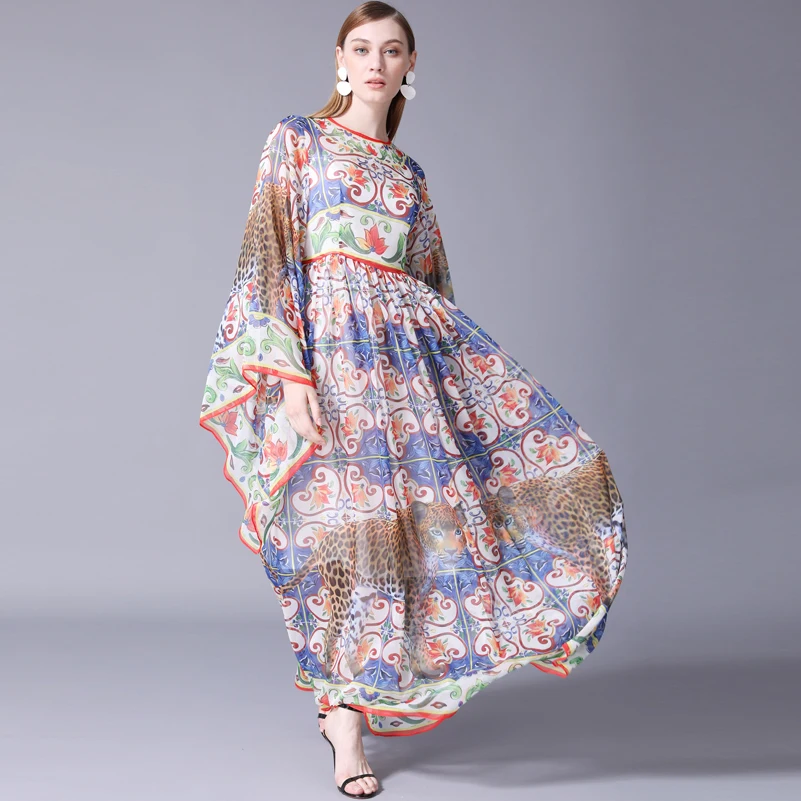 High Quality 2020 New Designer Fashion Long Dress Women's Batwing Sleeve Vintage Pattern Leopard Print Bohemia Runway Maxi | Женская