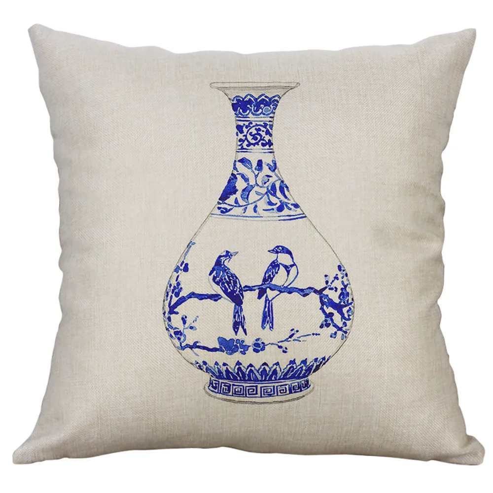

ISHOWTIENDA Chinese Style Blue and White Vase Chair Cushion Pillowcase Cotton Linen square plain dyed polyester Cushion cover