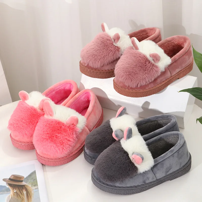 

Cartoon Rabbit Ears Women Cotton Slippers Winter Plush Warm Indoor Outdoor Cover heel Slipper No Slip Floor Shoes for Female