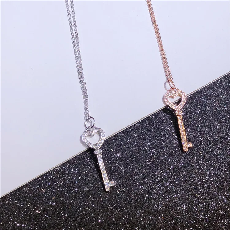 Модный сверкающий циркониевый в форме сердца, подвеска в виде ключа, настоящее 925 пробы, серебряная цепочка, ожерелье, романтическое Женское Ожерелье