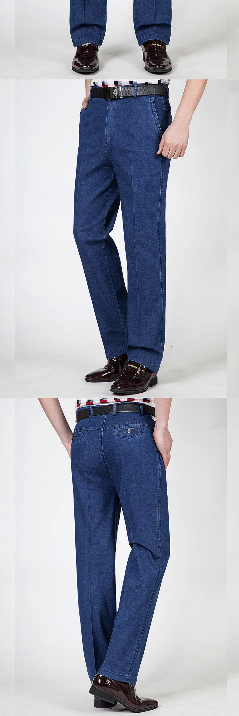 Летние тонкие повседневные джинсы среднего возраста с высокой талией, свободные длинные классические джинсовые брюки, мужские однотонные деловые повседневные Прямые джинсы для мужчин