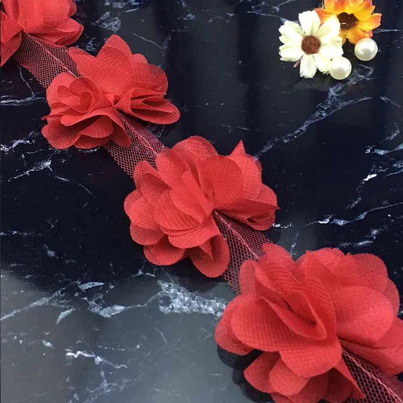 Кружево Цветы Ткань Высокое качество Лидер продаж платье украшения шифон Аппликация Популярные 3D отделка 10 ярдов/рулон швейные принадлежности - Цвет: Red wine