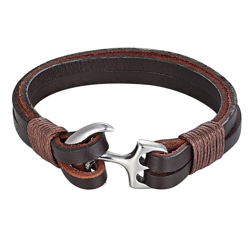 

2019 New Fashion Brown Color Anchor Bracelets Men Charm Real Leather Chain Stainless Steel Bracelet Male Wrap Metal Sport Hooks