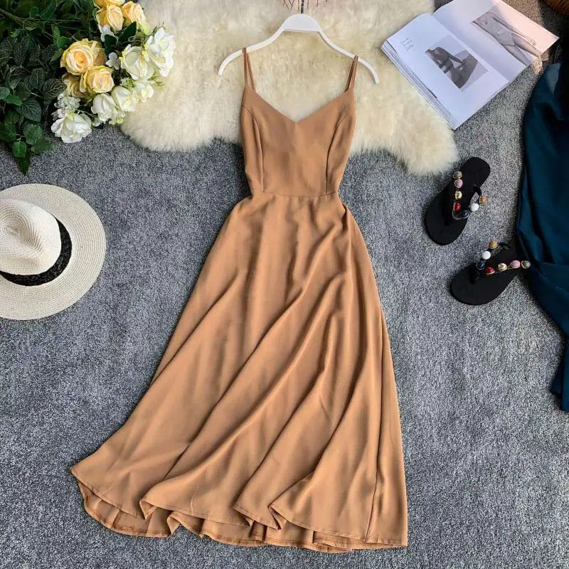 

Summer Seaside Holiday Dress Women Sexy Sleeveless V-collar Backless Bow Tie Female Dresses Elegant Solid A-Line Vestidos Mujer