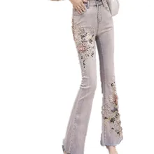 Вышитые джинсы с бисером женские джинсы с высокой талией женские эластичные большого размера джинсы женские потертые джинсы Широкие расклешенные брюки