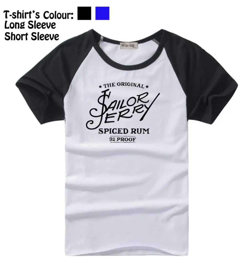 

Sailor Jerry Tattoo Vintage Retro Spiced Rum 92 proof Pattern Long Short Sleeves T-Shirt Men's Boy's Tops Black or Blue Sleeves
