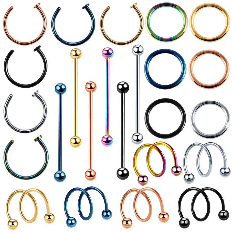 

6pcs/lot Steel C Shape Nose Hoop Rings Colorful Twist Ear Tragus Barbell Earrings Hinged Segment Nose Ear Lip Piercing Jewelry