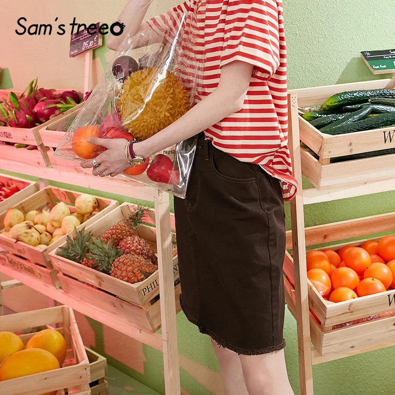 Samstree, женские джинсовые мини юбки, винтажные Асимметричные женские кофейные миди юбки, джинсы с карманами, трапециевидные офисные женские нижние части