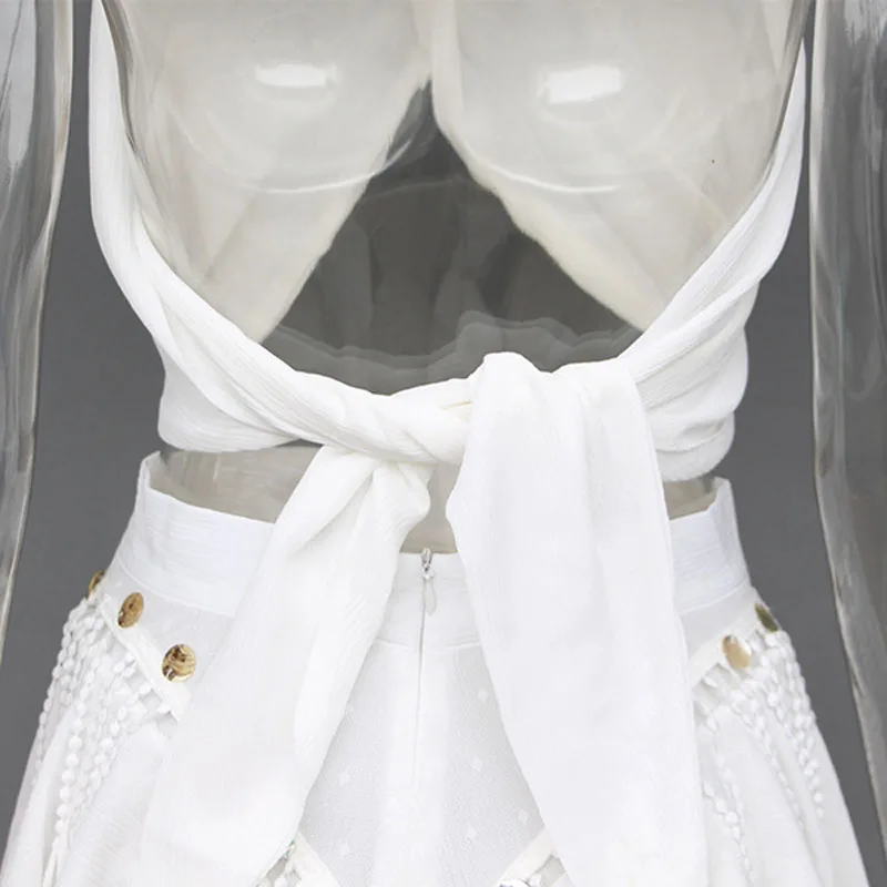 Мода 2019 г. лето для женщин юбка комплект пикантные два носить топ + полые сетки шить кисточкой Раффлед кружевная длинная юбка