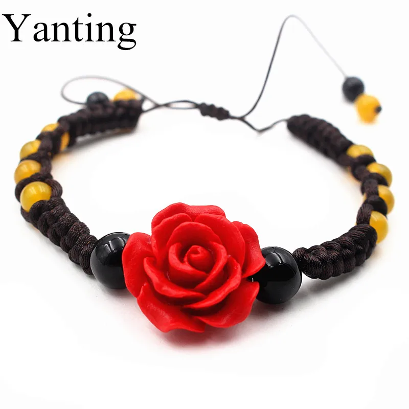 

Yanting ethnic Chinese style bracelets for women handmade bracelet jewelry carved red flower natural red yellow stone women gift