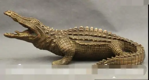 

S5376 10" Chinese Bronze Ferocious Wild Cayman Alligator Crocodilian Home Adorn Statue