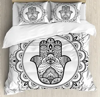 

Hamsa Duvet Cover Set Mehndi Style Symbol in Round Mandala Oriental Artistic Ethnic Asian Floral Details Bedding Set Black White