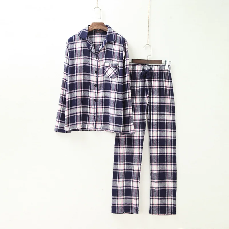 Клетчатая Пижама, Женская клетчатая Хлопковая пижама с длинным рукавом, штаны с завязками, осень-весна, ночная одежда для отдыха, пижама S88498 - Цвет: Dark blue plaid