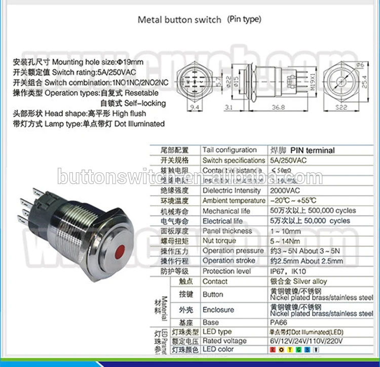 1923 19mm High rise momentary or latching pin terminal dot lamp dot led pushbutton switch