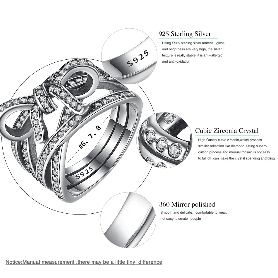 Подлинный eleshe 925 пробы Серебряный большой бант и Бесконечность настроения палец кольца Кристалл CZ женские кольца Свадебные ювелирные изделия