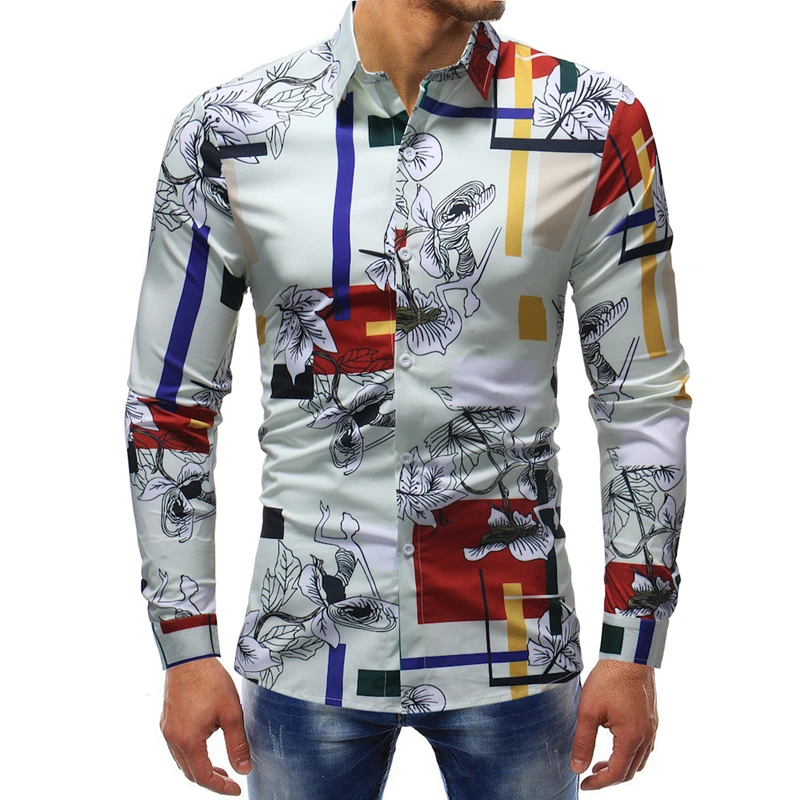 2018 Men Fashion Long Sleeved Shirts Printed Casual Shirt Male Social