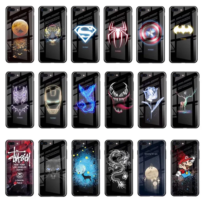 

Marvel Batman Superman Spiderman Luminous Glass Case For iphone 7 8 6 6s Plus X Xs Max Xr Avengers Black Panther iron Man Cover