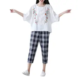 Модная летняя рубашка с короткими рукавами, Женский комплект 2 шт., большие размеры, топы, блузка с клетчатыми длинными штанами, комплект