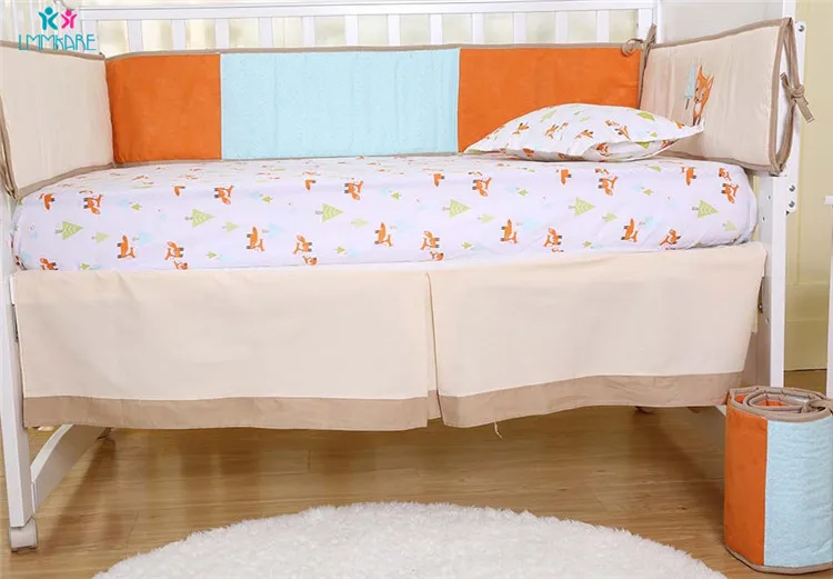 Комплект постельного белья для новорожденных, с вышитой лисой из мультфильма, для младенцев, простыня, одеяло, юбка, хлопок, детская кровать, бамперы, унисекс