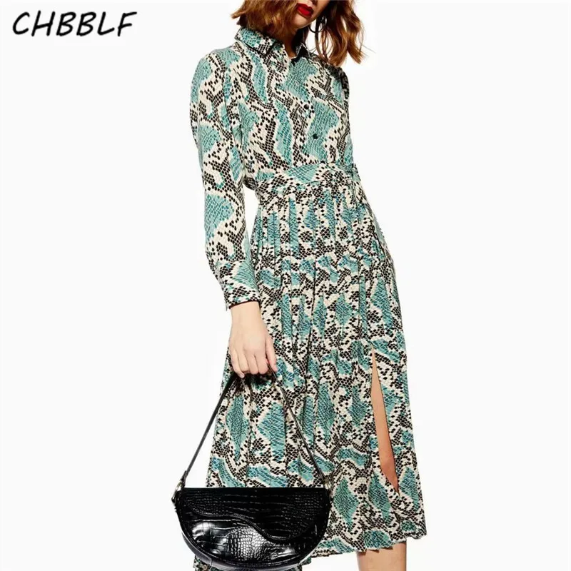 

CHBBLF women snake print shirt dress bow tie sashes elastic waist pleated long sleeve midi dresses vestido CDC9002