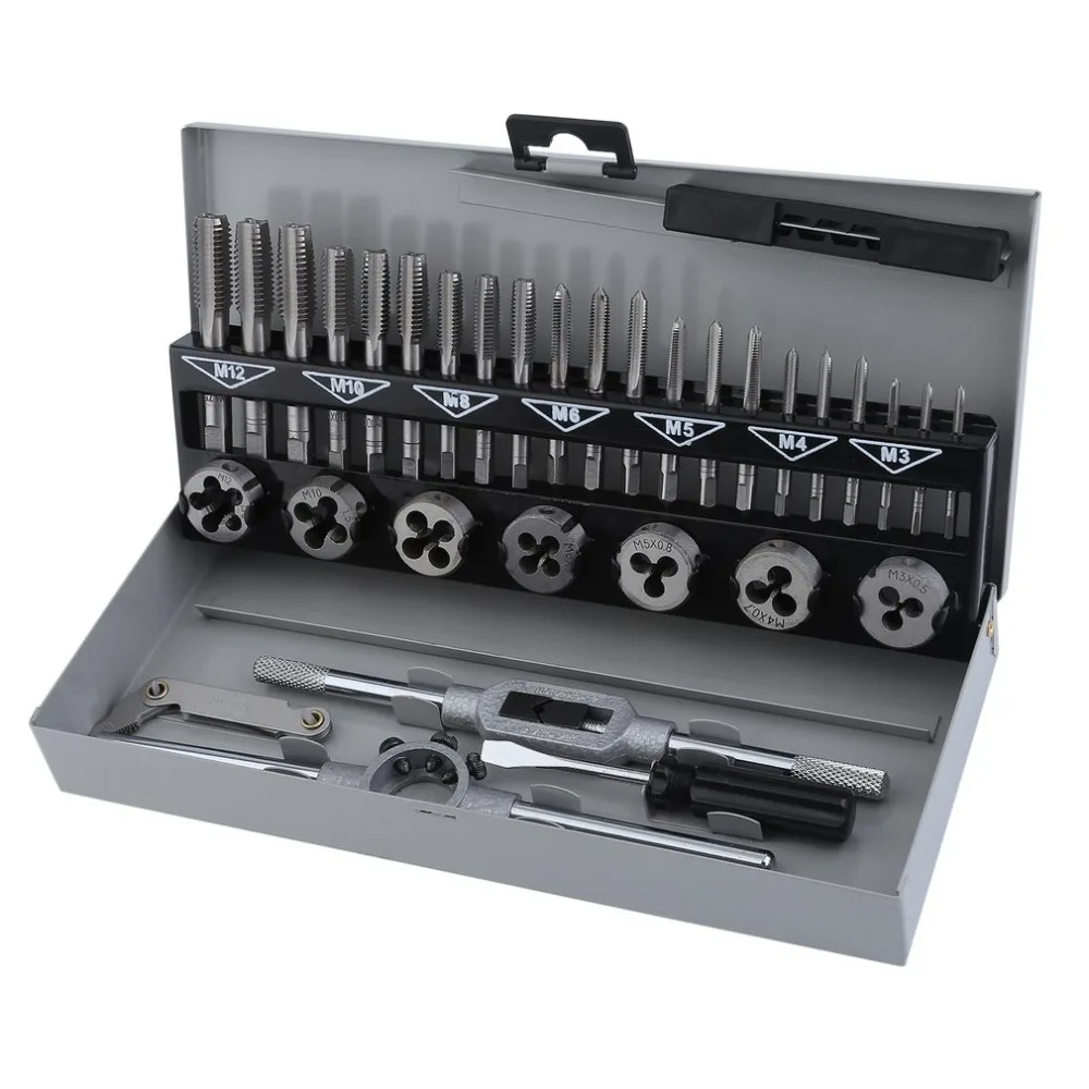 

Carbon Steel 32pcs Screw Thread Metric Tap &Die M3-M12 Thread Milling Machine Taps Cutters Screwdriver Kits With Case