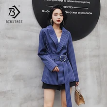 Новое поступление Женская Мода Повседневное синего цвета в полоску с длинным рукавом с закрытой грудью куртка с поясом элегантные модные топы C85012FD