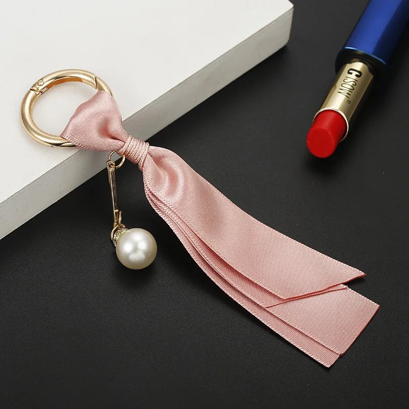 

10 pcs/lot KPOP Pearl satin keychain Toy Ribbon DIY Jewelry Bag Pendant Key Ring Doll Car ornaments for Gifts