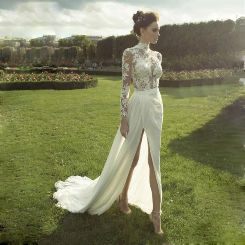 

High Fashion White Chiffon Leg Split Slit Long Sleeves Sheer Wedding Dress Back Hollow Summer Bride Maxi Gown Gorgeous Bridal