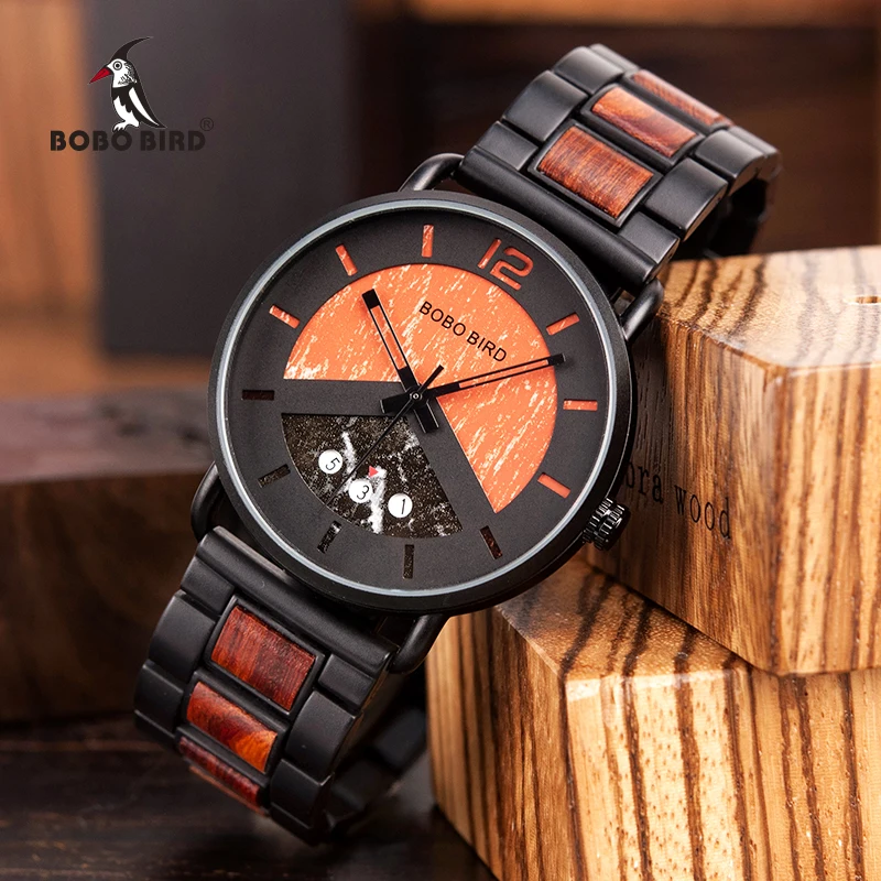 Saat erkek Wooden Watches Men Wristwatch Quartz Clock BOBO BIRD Show date Gift in Wood Box in Wood Box Customize Logo