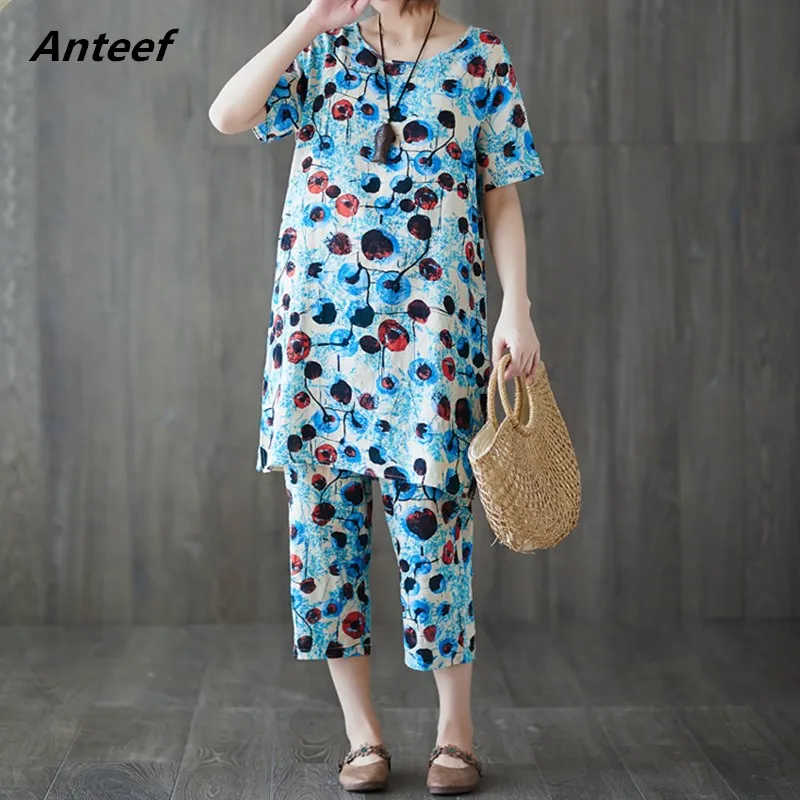 

vintage floral plus size 2 piece set women casual loose midi summer dress elegant clothes 2019 ladies dresses and wide leg pants