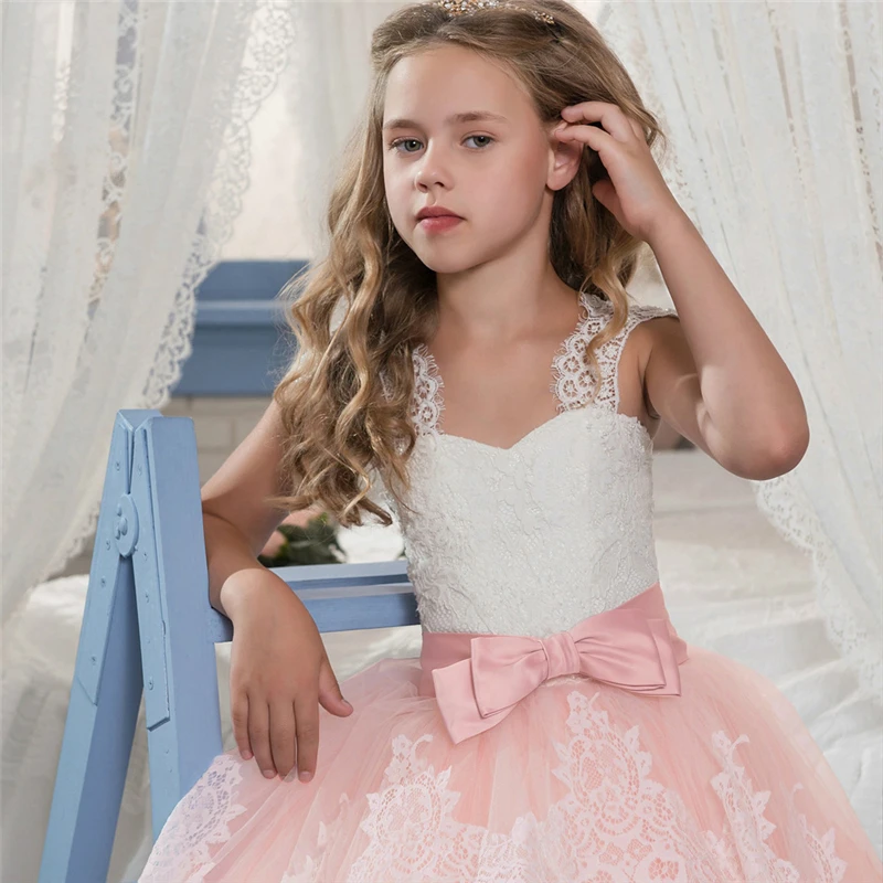Официальная розовая длинная кружевная Одежда для девочек, Элегантное свадебное платье принцессы для причастия, Детские платья для девочек вечерние 14 лет